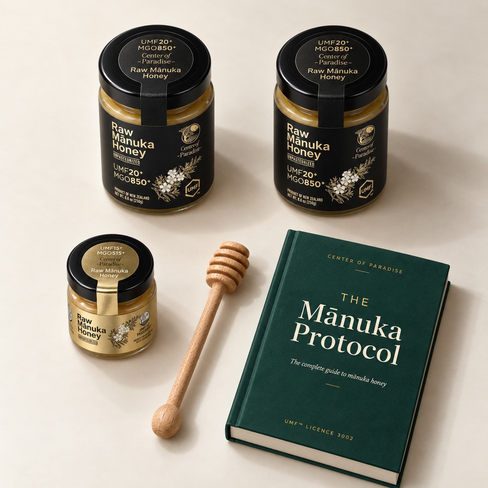 The UMF 20+ starter kit: two jars, a 30g travel jar and a wooden dipper