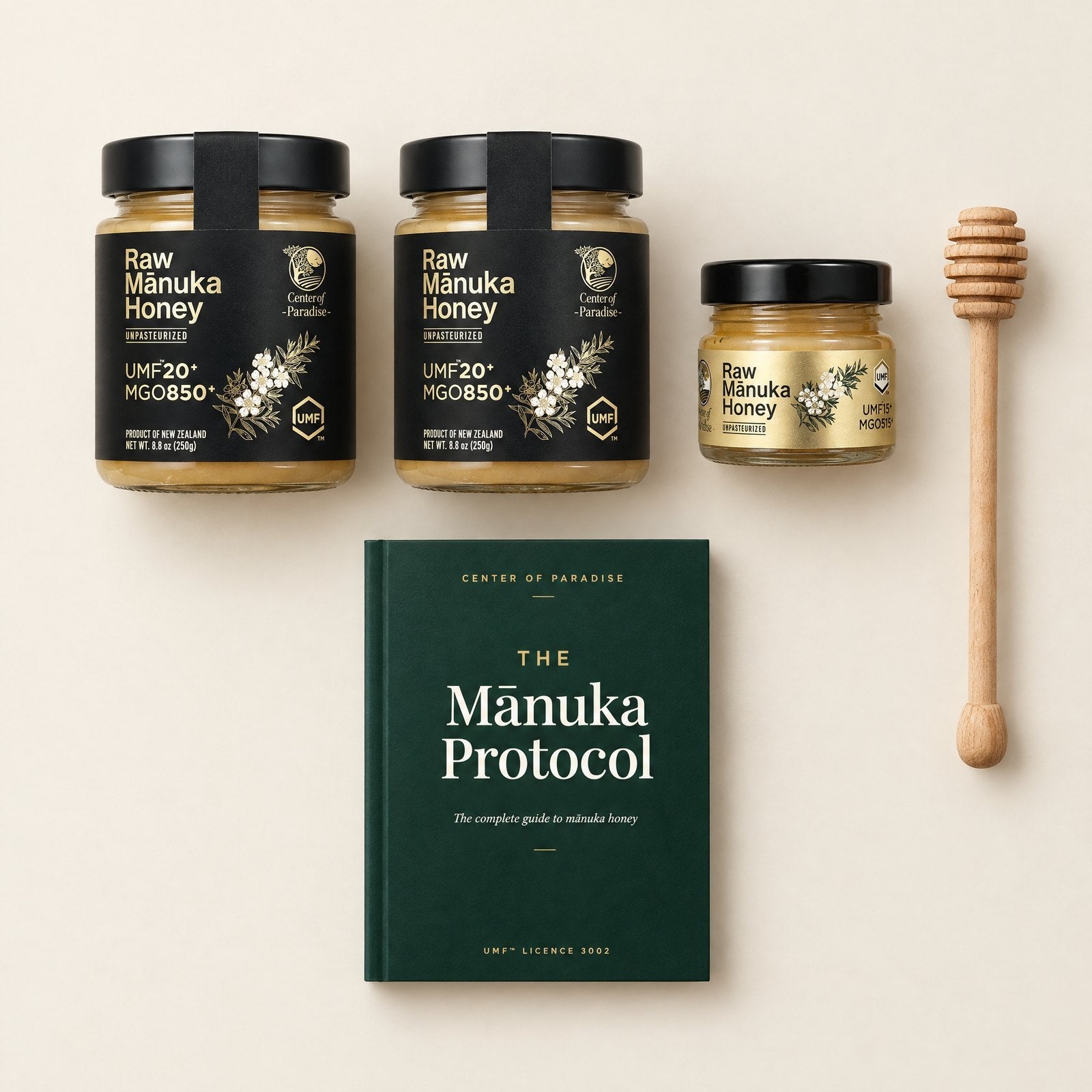 The UMF 20+ starter kit: two jars, a 30g travel jar and a wooden dipper