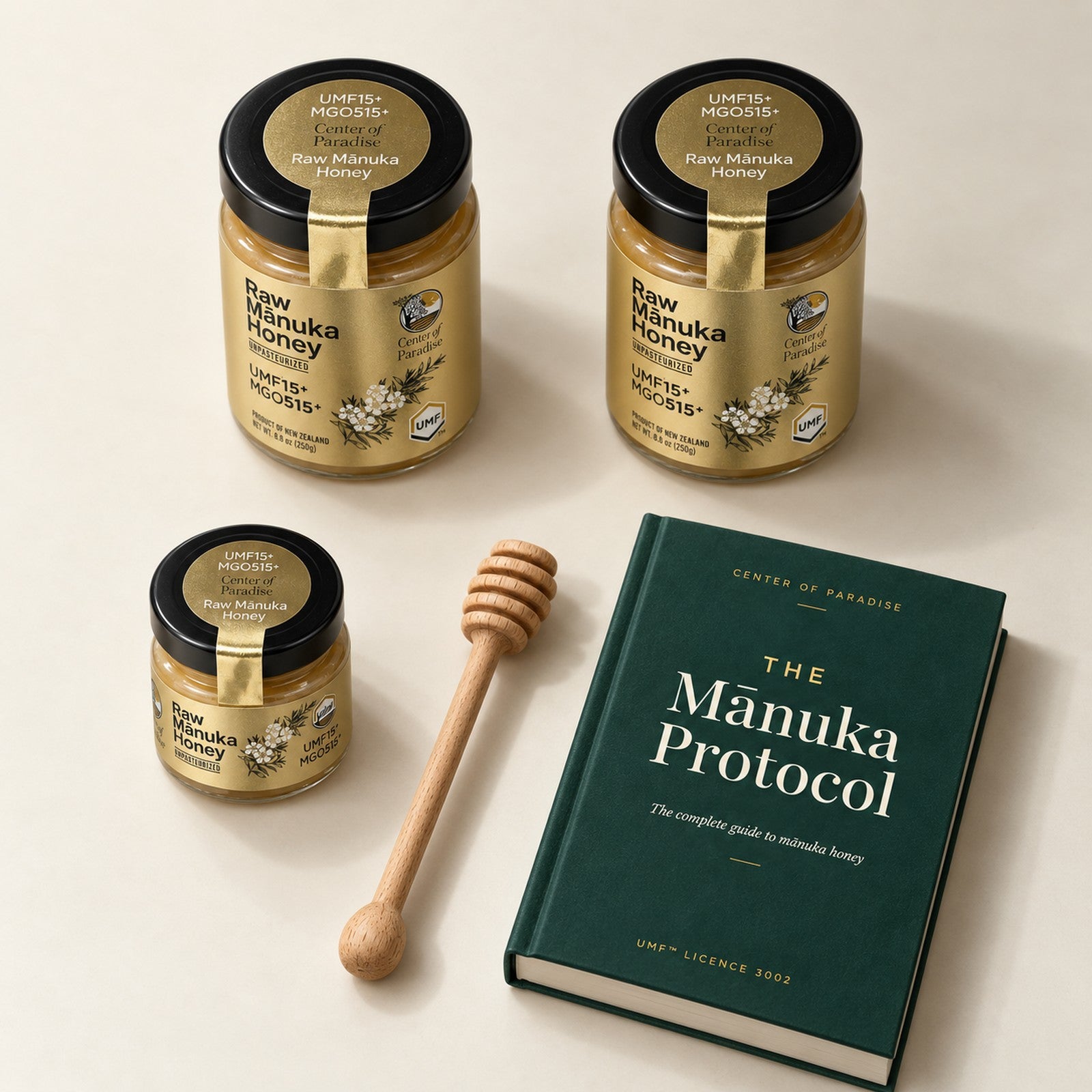 The UMF 15+ starter kit: two jars, a 30g travel jar and a wooden dipper