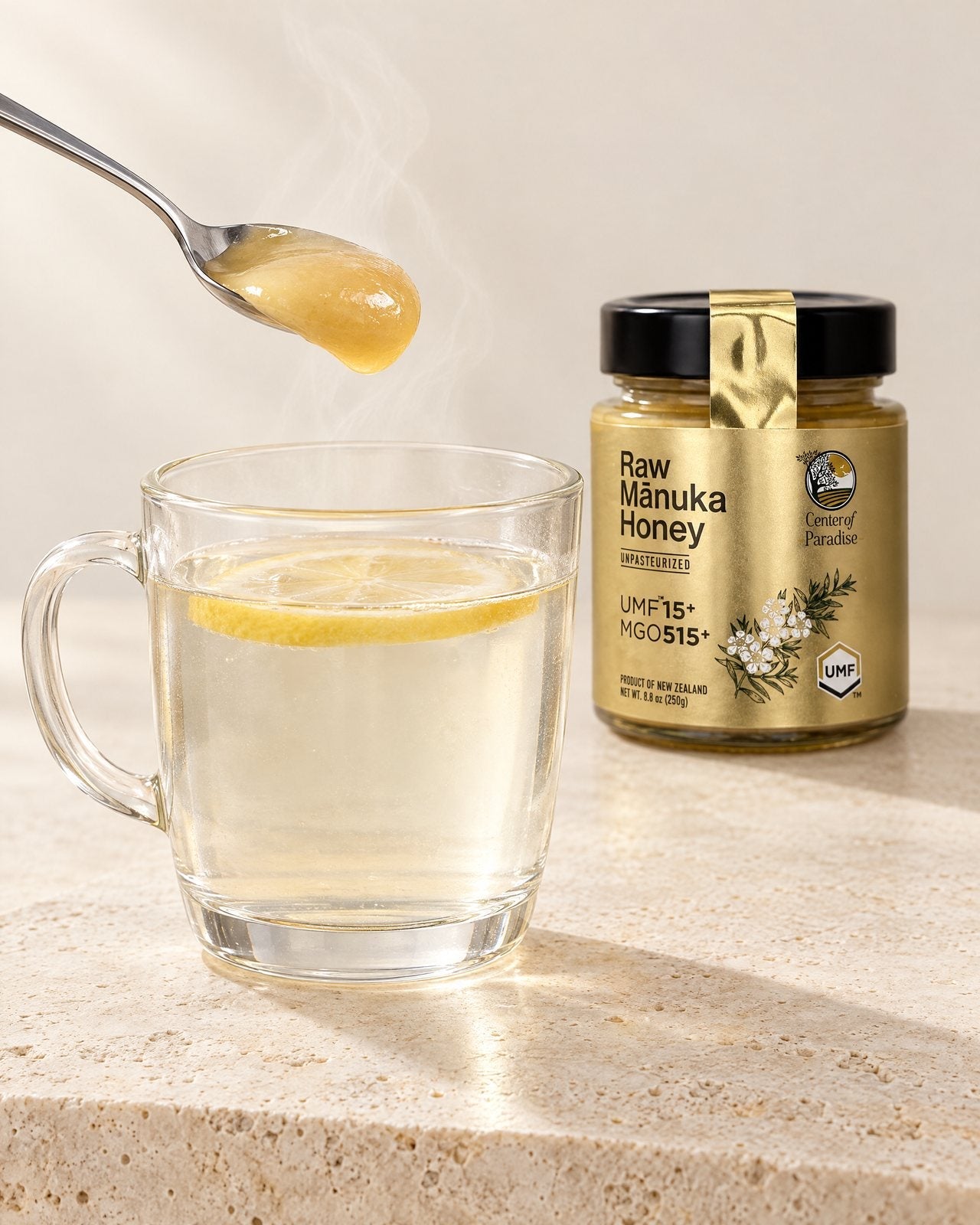Mānuka honey over warm lemon water