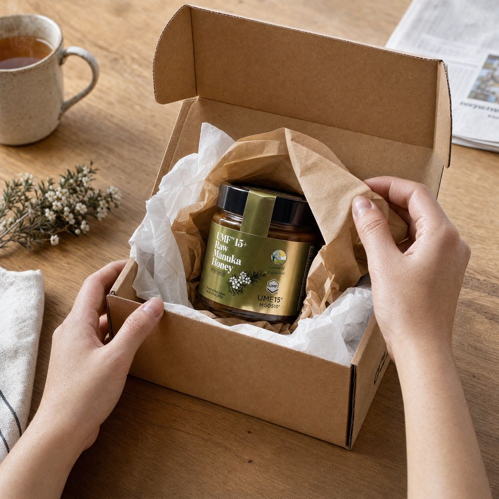 Manuka honey jar unboxed at home