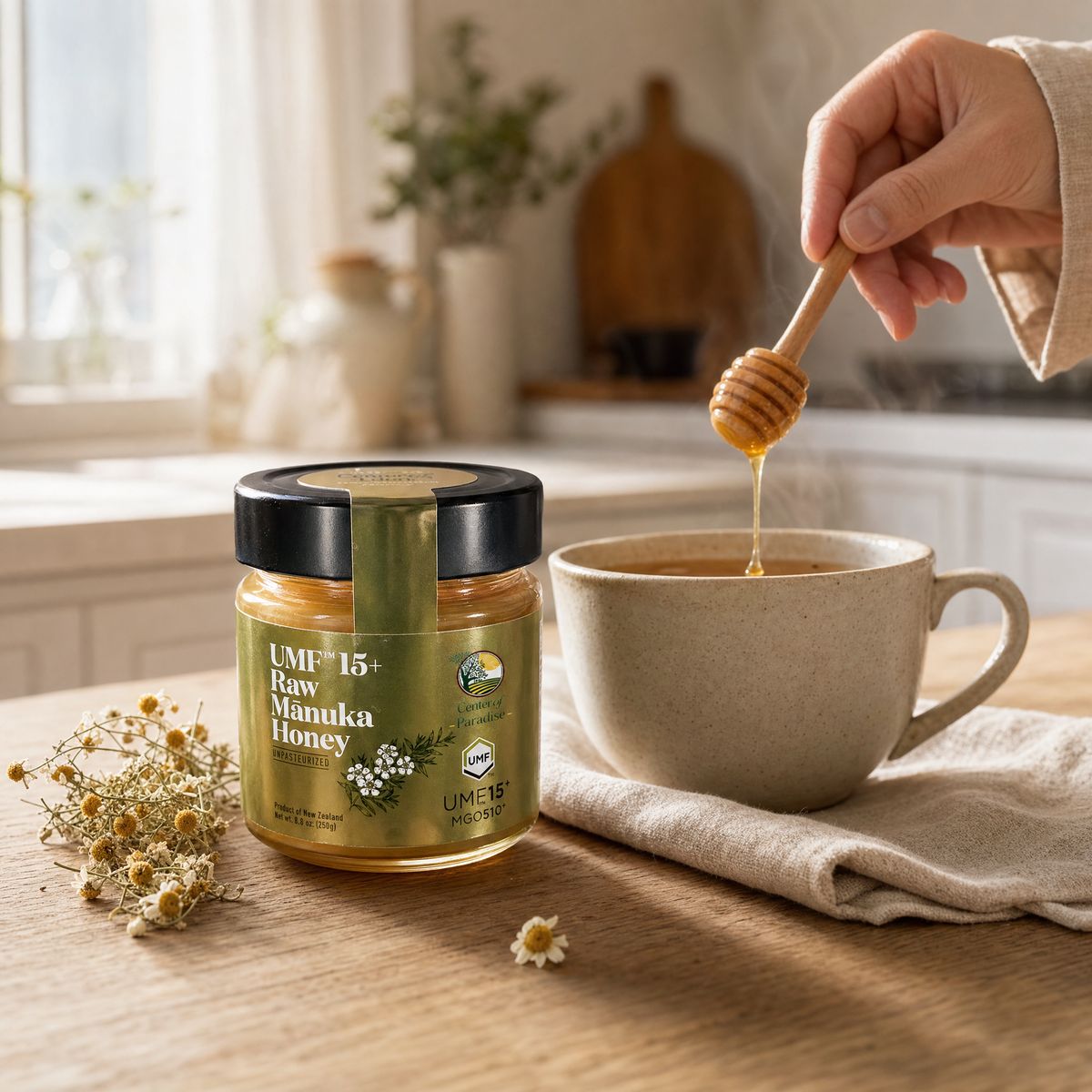 Manuka honey stirred into warm tea