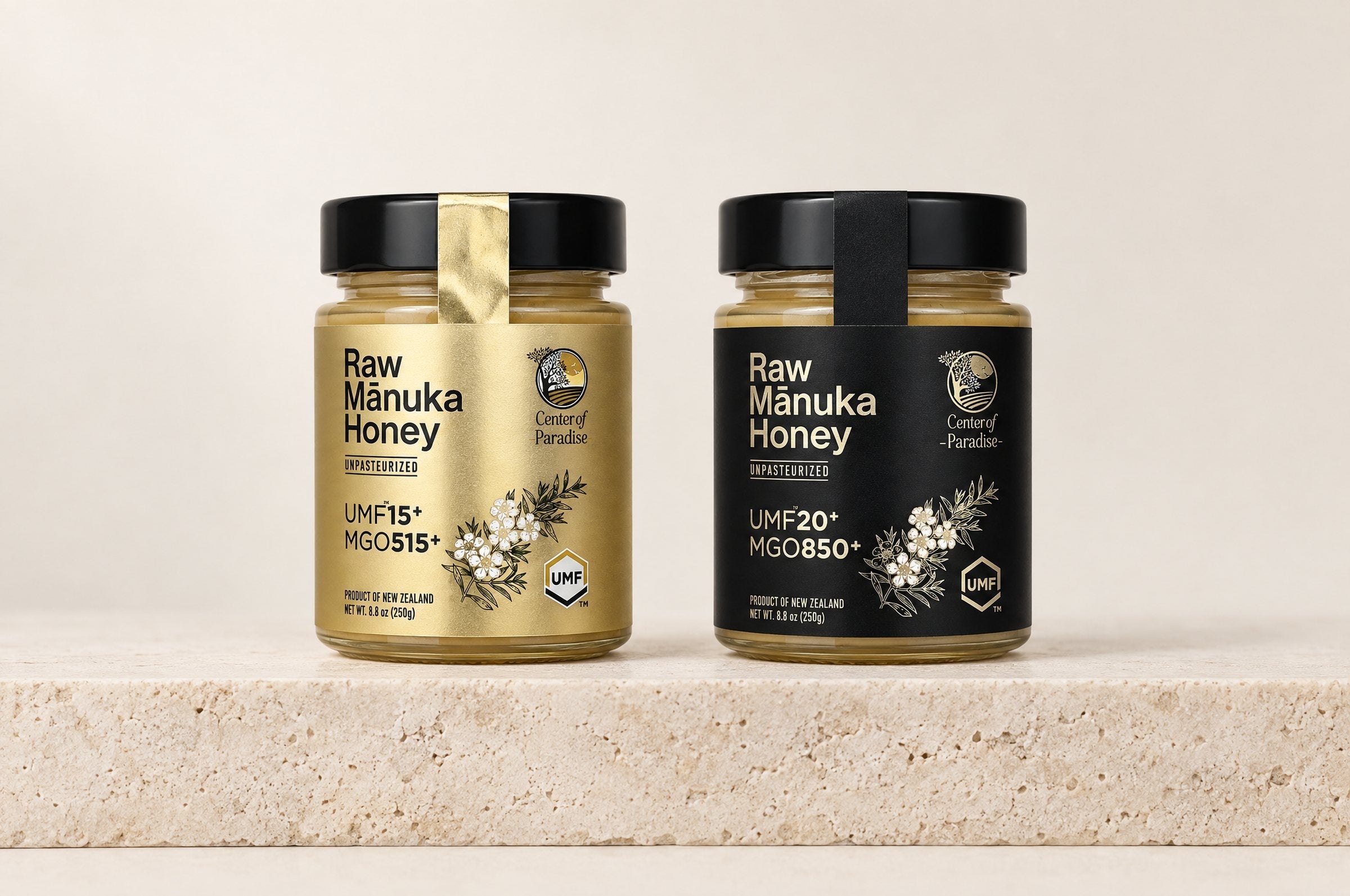 UMF 15+ gold-label jar next to UMF 20+ black-label jar