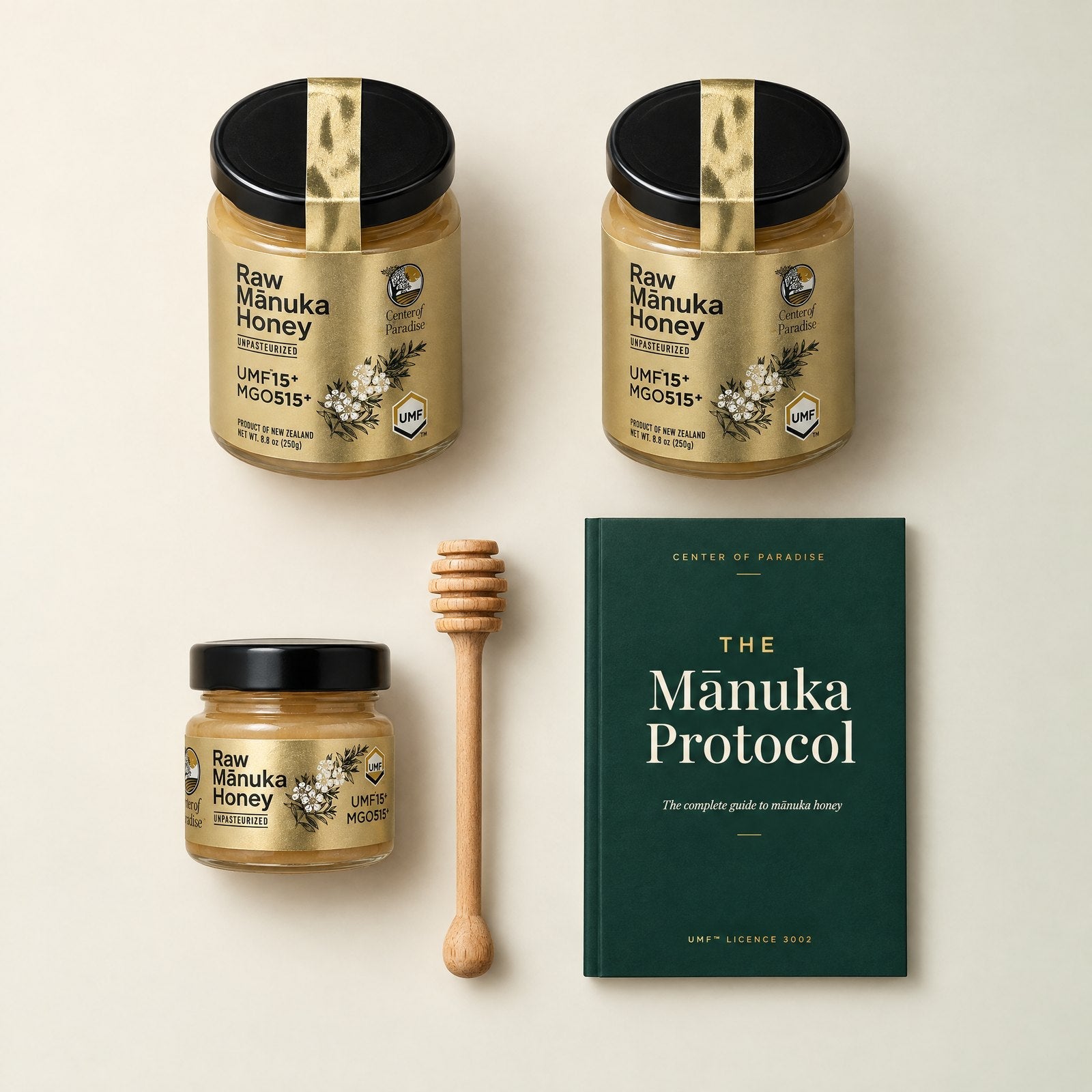 The UMF 15+ starter kit: two jars, a 30g travel jar and a wooden dipper