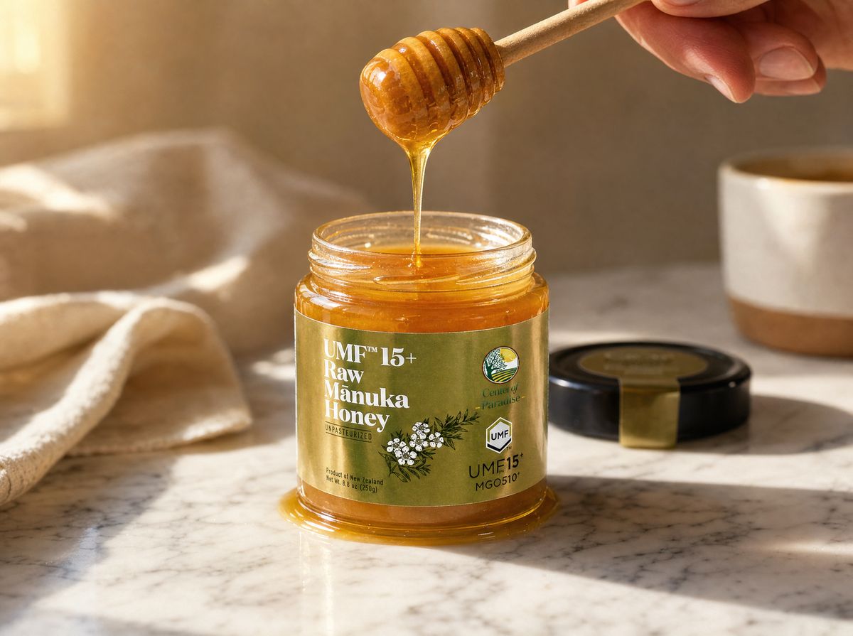 Wooden dipper drizzling raw manuka honey into the jar