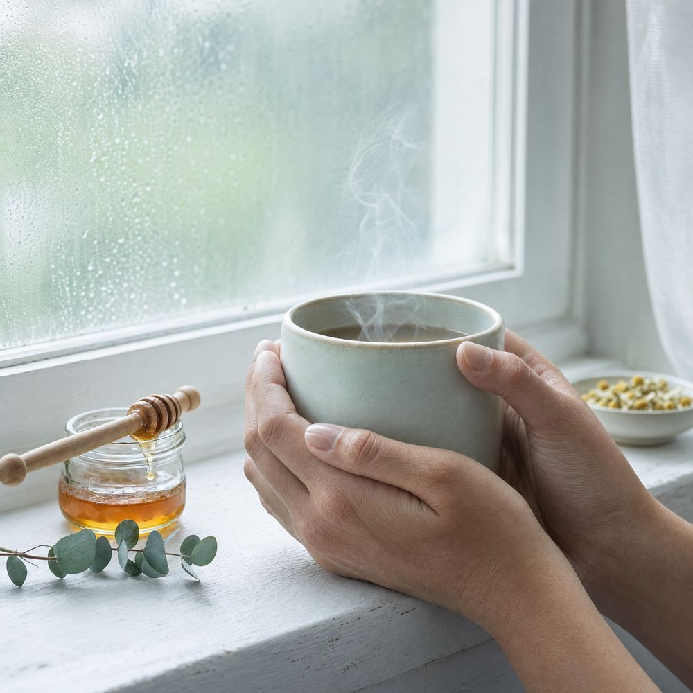 Hands around a warm cup of tea by a rainy window
