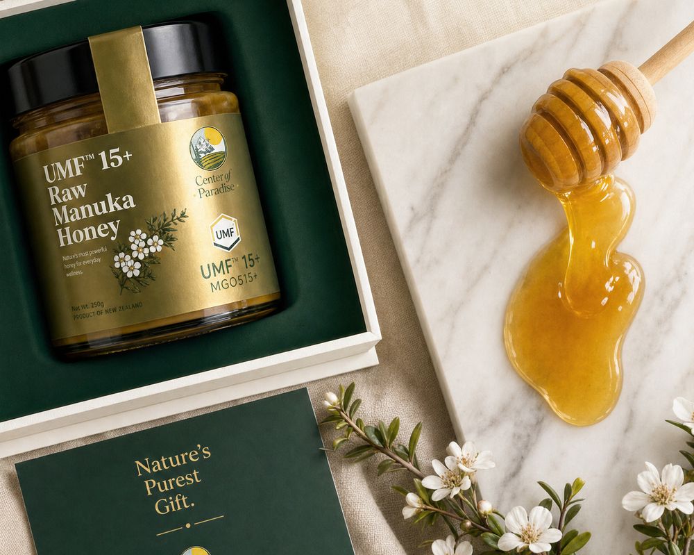 Manuka honey jar presented in a gift box with wooden dipper